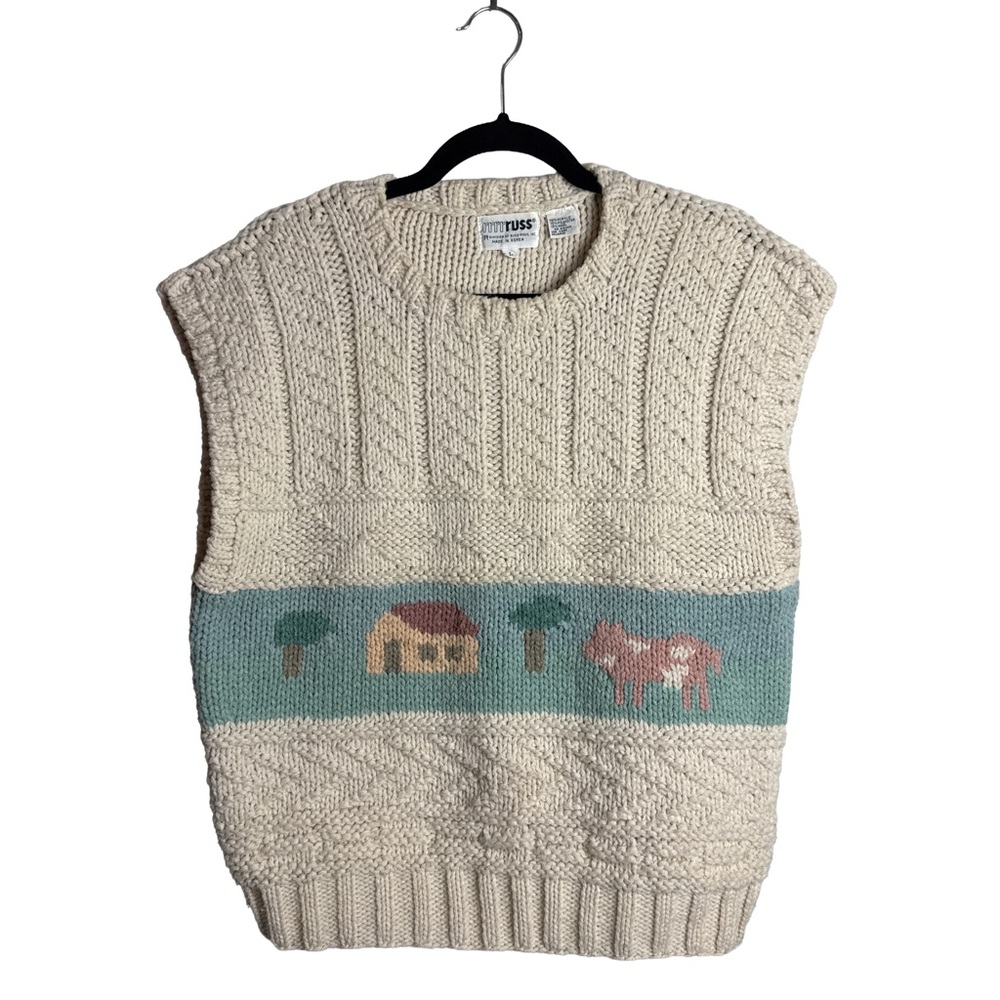 Vintage Cottagecore Farm Scene Sweater Vest – Made in Korea (L)